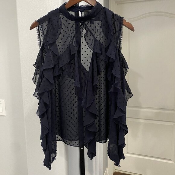 Nicholas Ruffle Trim Cold Shoulder Blouse Sheer Swiss Dot Top Navy Blue Size 6 • - Picture 2 of 7